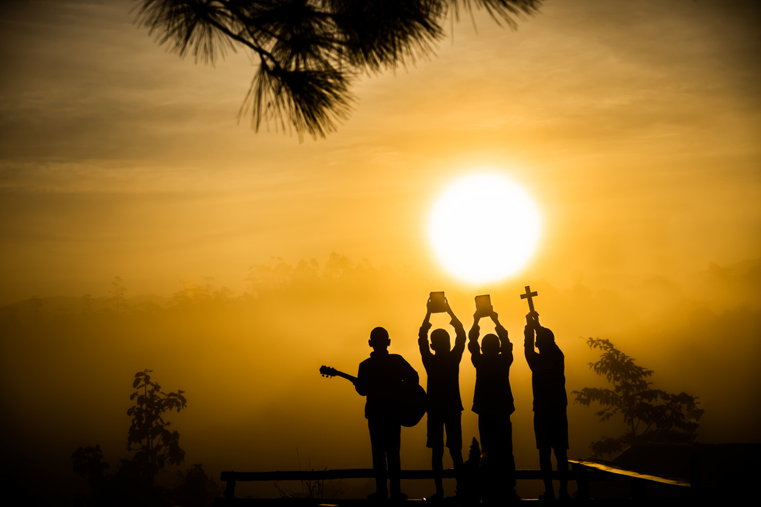 Children Group Christian Worship God at Sunset